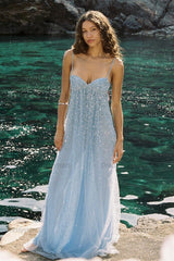 Dressystars Bling A Line Spaghetti Straps Grey Blue Long Party Dress With Beading Formal Evening Gown