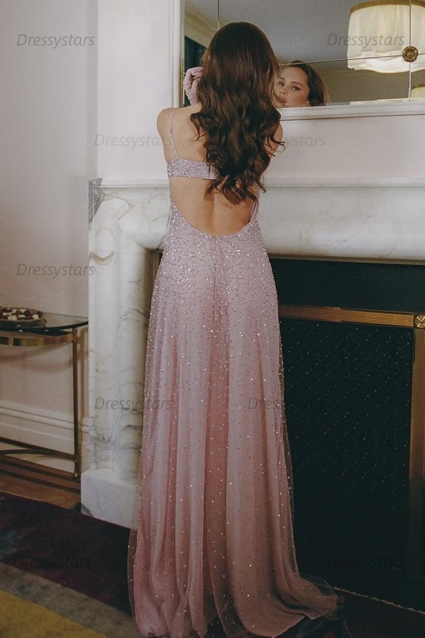 Dressystars Bling A Line Spaghetti Straps Grey Blue Long Party Dress With Beading Formal Evening Gown