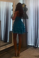 Dressystars Blue A Line Homecoming Dresses Tiered Ruffled Short Cocktail Dresses With Bow