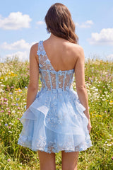 Dressystars Blue Floral Beaded Keyhole A-Line Corset Short Homecoming Dress with Ruffles