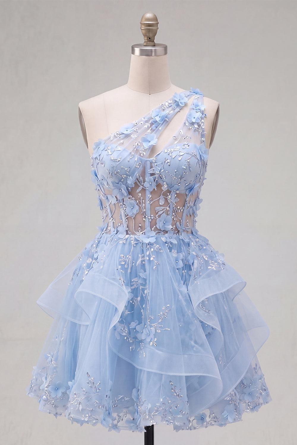 Dressystars Blue Floral Beaded Keyhole A-Line Corset Short Homecoming Dress with Ruffles