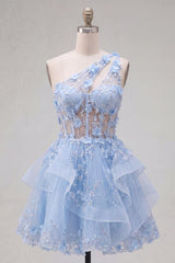 Dressystars Blue Floral Beaded Keyhole A-Line Corset Short Homecoming Dress with Ruffles