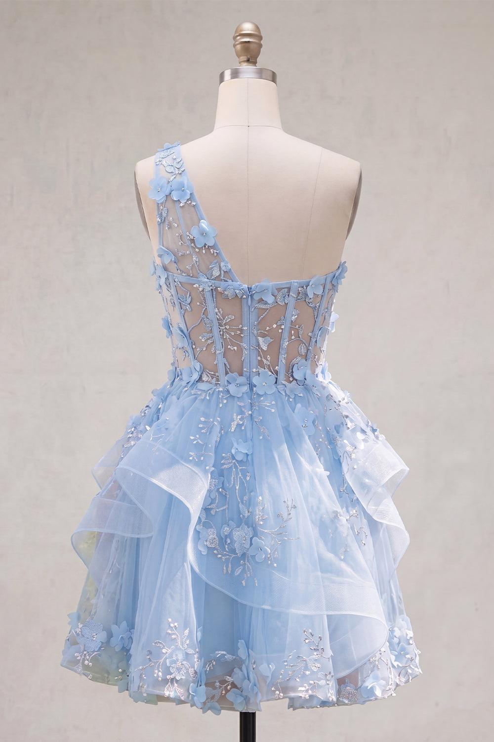 Dressystars Blue Floral Beaded Keyhole A-Line Corset Short Homecoming Dress with Ruffles