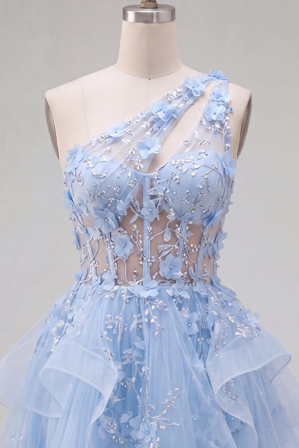 Dressystars Blue Floral Beaded Keyhole A-Line Corset Short Homecoming Dress with Ruffles