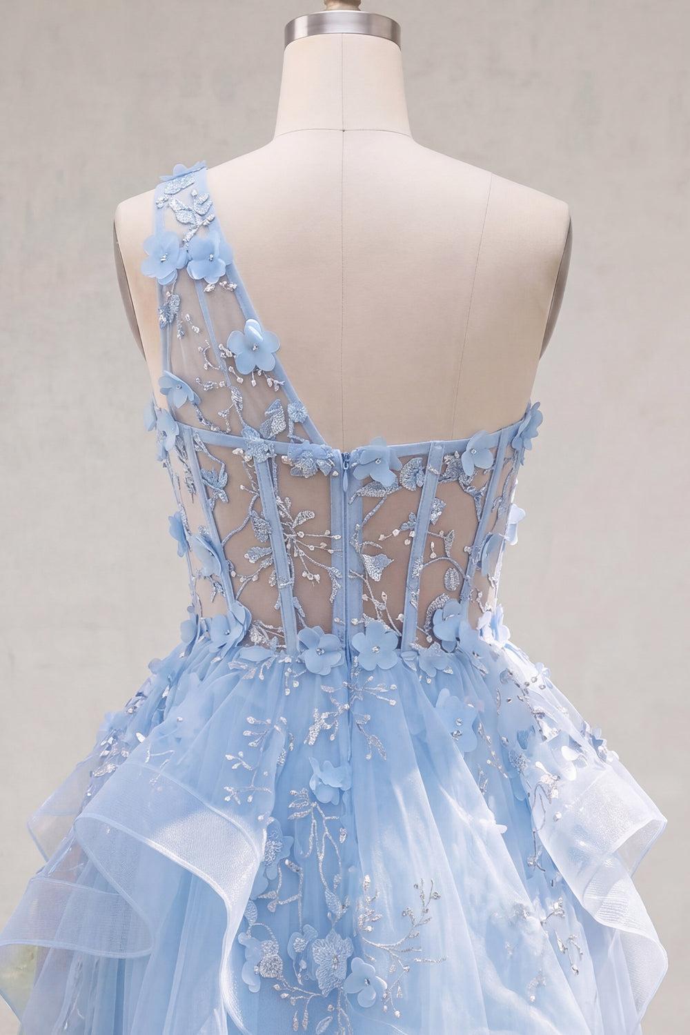 Dressystars Blue Floral Beaded Keyhole A-Line Corset Short Homecoming Dress with Ruffles