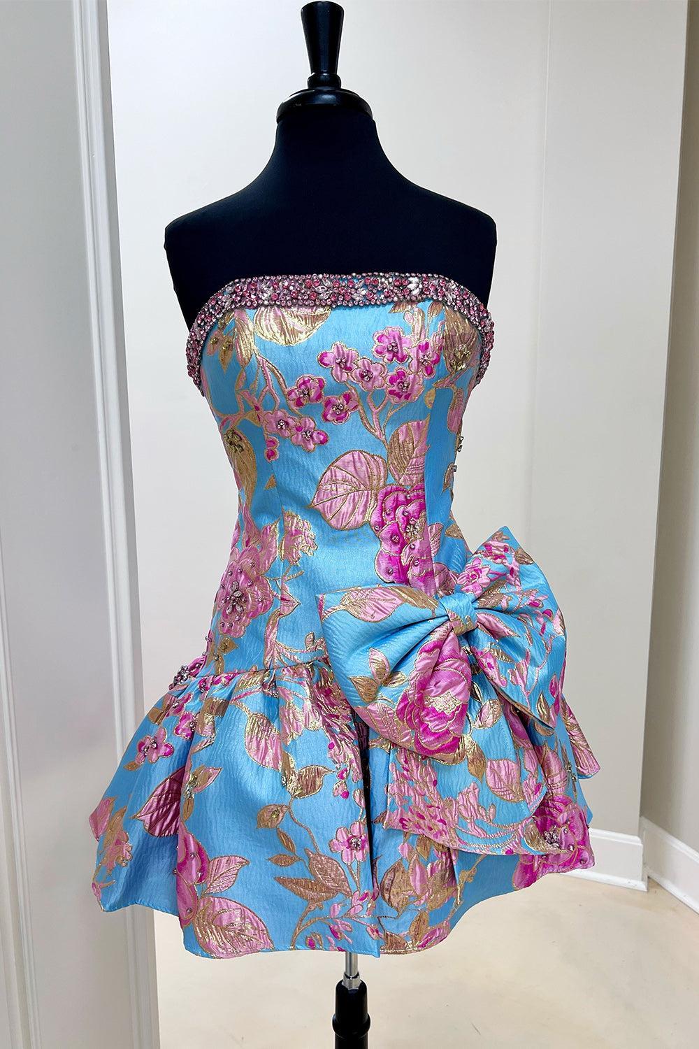 Dressystars Blue Floral Beaded Strapless Short A Line Homecoming Dress with Bow