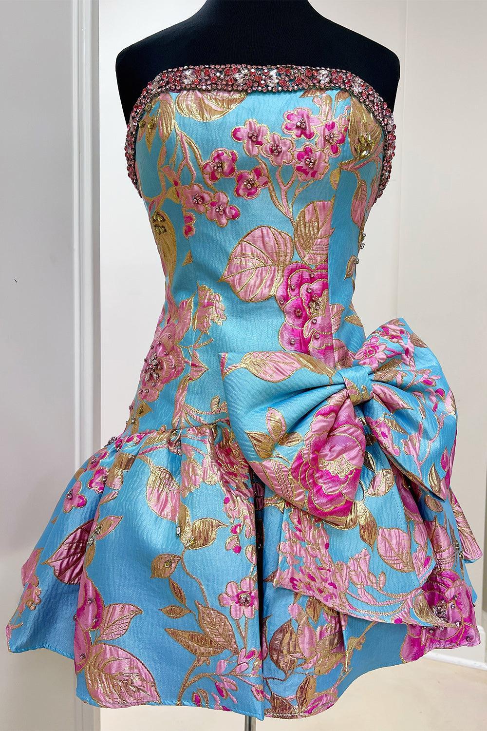 Dressystars Blue Floral Beaded Strapless Short A Line Homecoming Dress with Bow