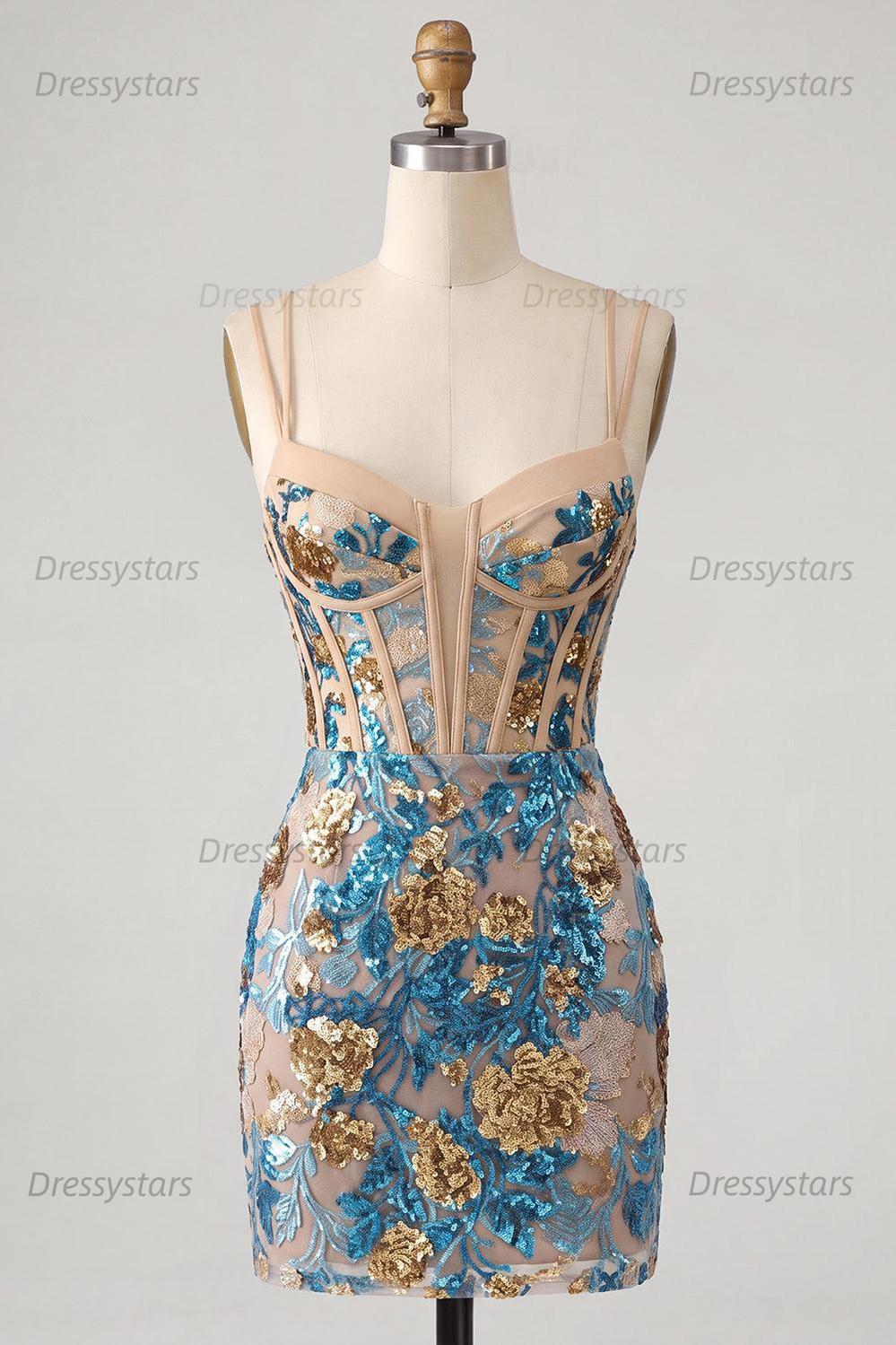 Dressystars Blue Floral Corset Sequin Tight Short Homecoming Dress