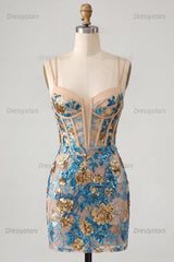 Dressystars Blue Floral Corset Sequin Tight Short Homecoming Dress