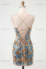 Dressystars Blue Floral Corset Sequin Tight Short Homecoming Dress