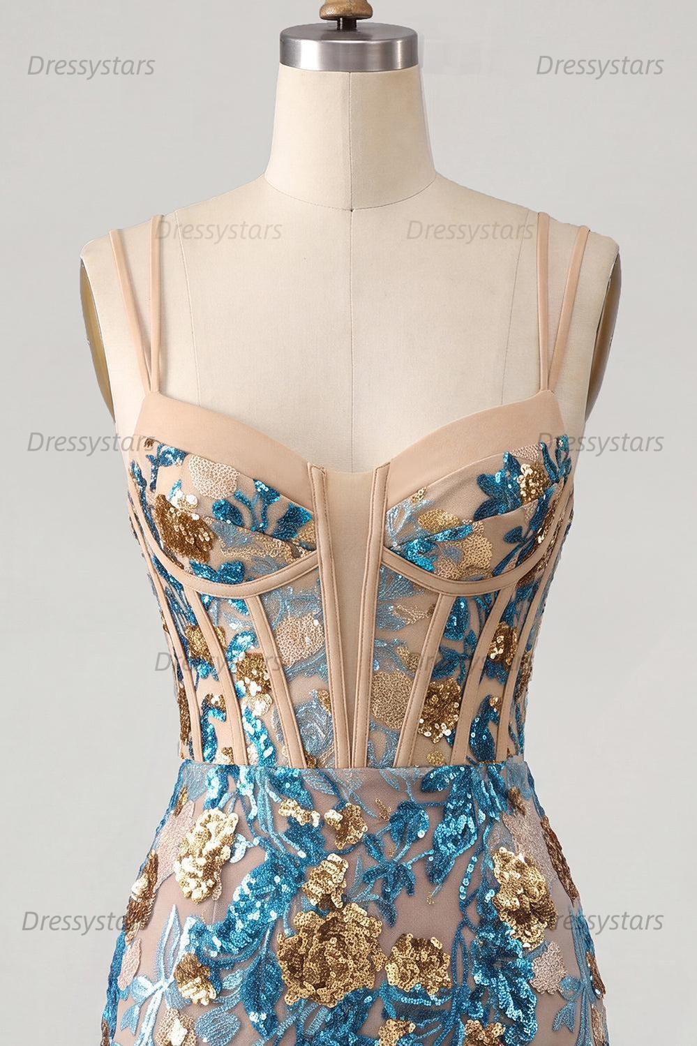 Dressystars Blue Floral Corset Sequin Tight Short Homecoming Dress