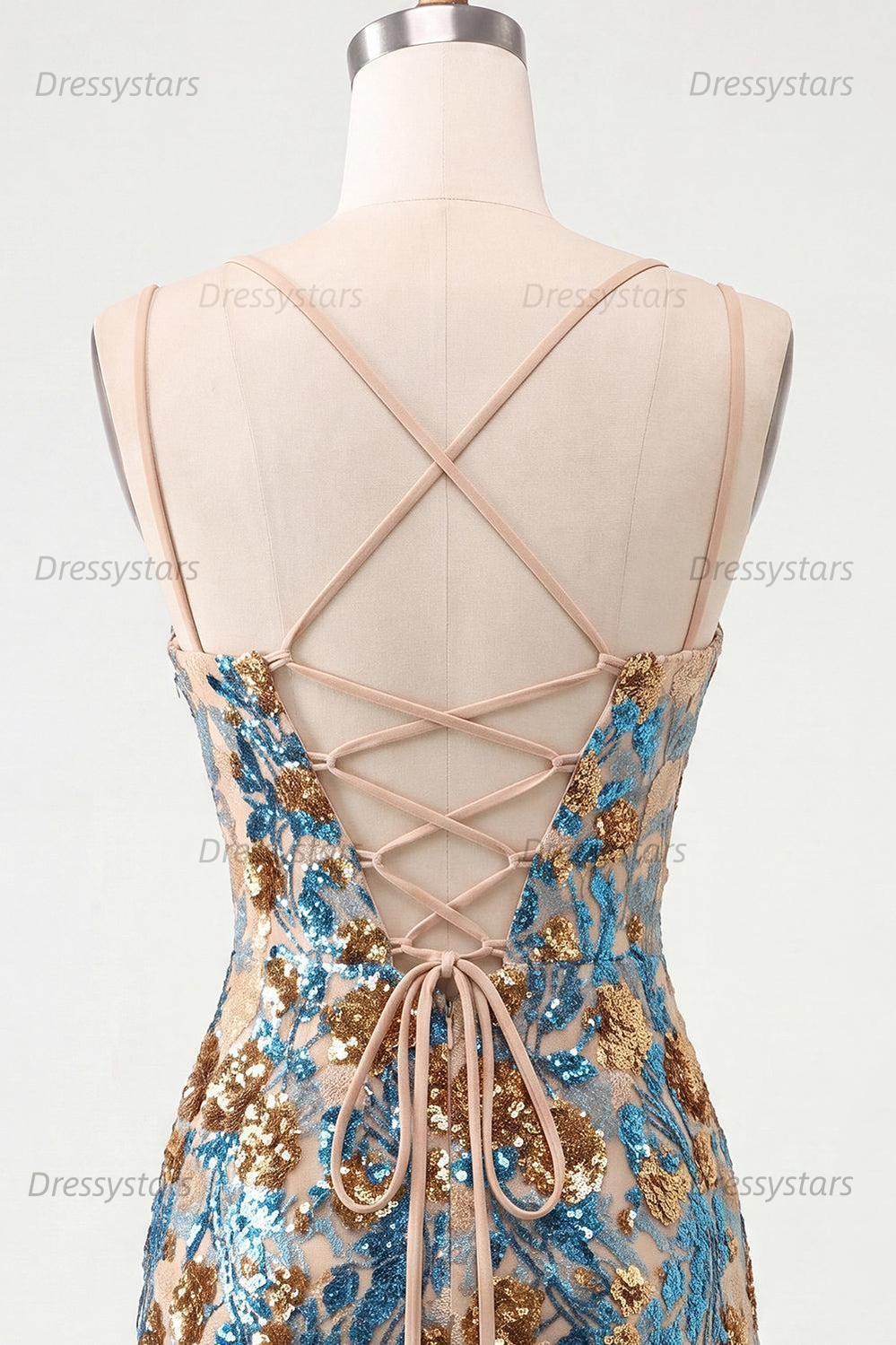 Dressystars Blue Floral Corset Sequin Tight Short Homecoming Dress