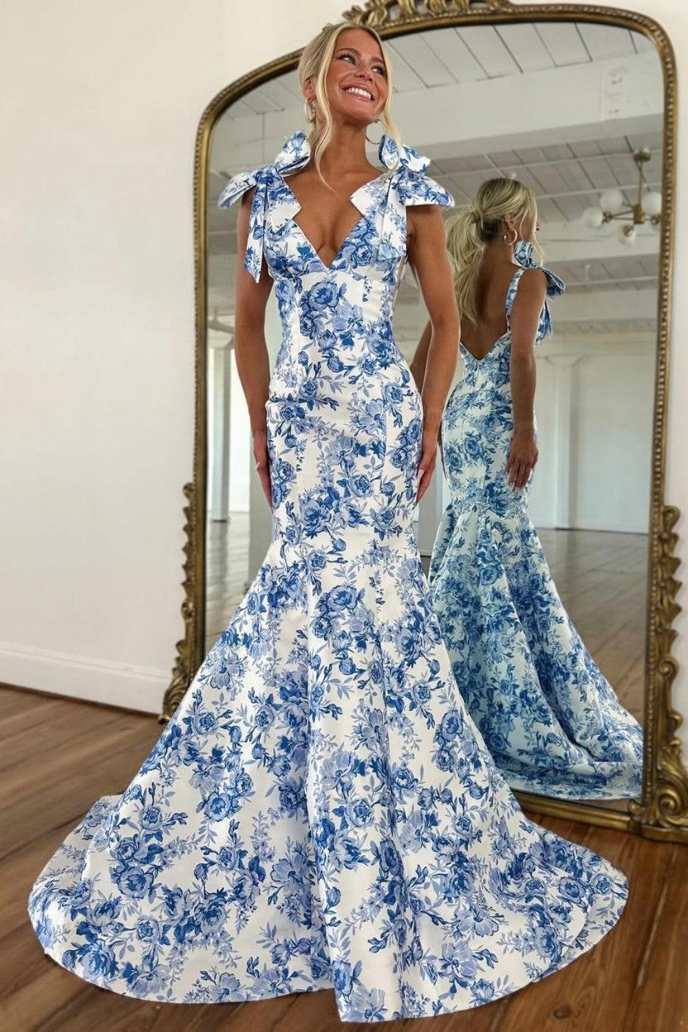 Dressystars Blue Floral Print Mermaid Prom Dress With Bow Shoulder Straps Formal Evening Gown