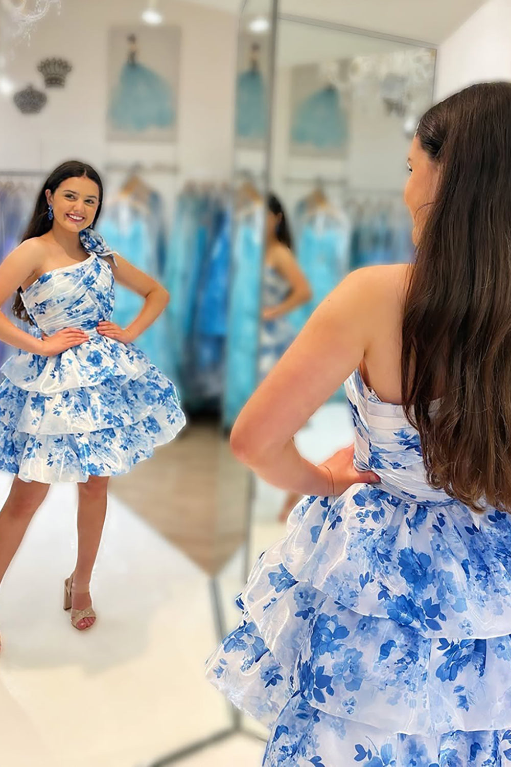 Dressystars Blue Floral Ruffled A Line Homecoming Dresses One Shoulder Short Cocktail Dresses