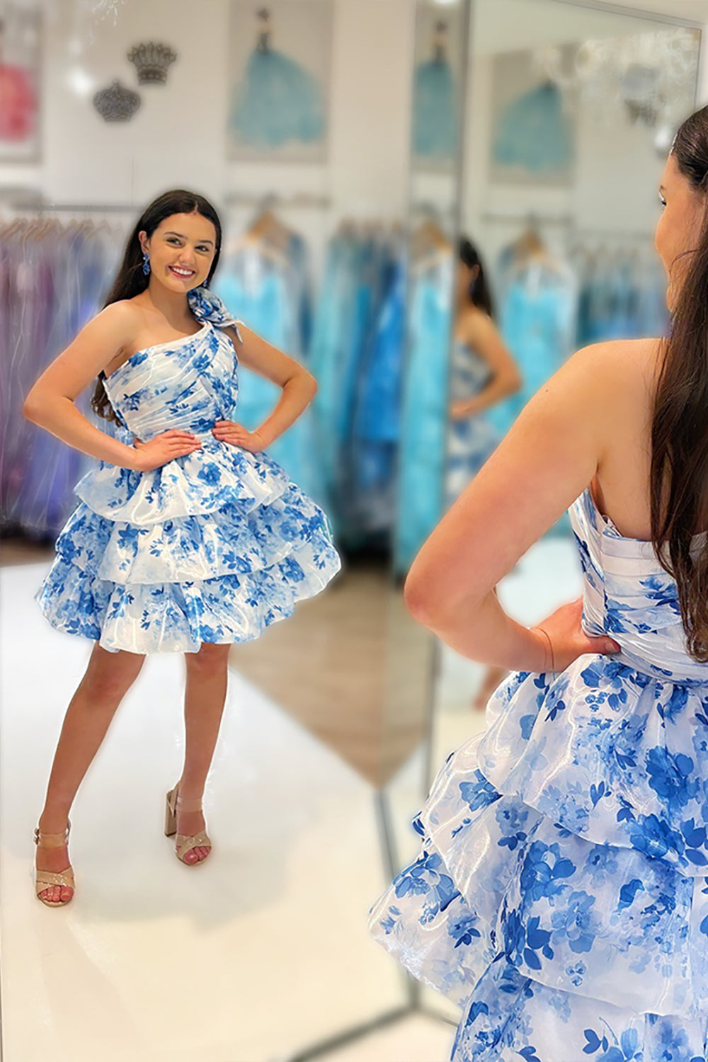 Dressystars Blue Floral Ruffled A Line Homecoming Dresses One Shoulder Short Cocktail Dresses