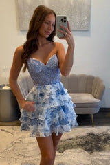Dressystars Blue Floral Ruffled Tiered A Line Homecoming Dresses Short Cocktail Dresses With Lace