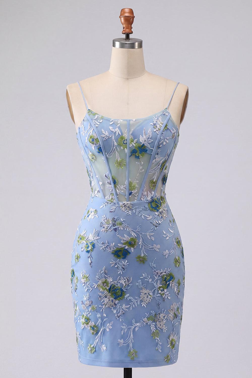 Dressystars Blue Floral Spaghetti Straps Corset Tight Short Homecoming Dress