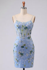 Dressystars Blue Floral Spaghetti Straps Corset Tight Short Homecoming Dress