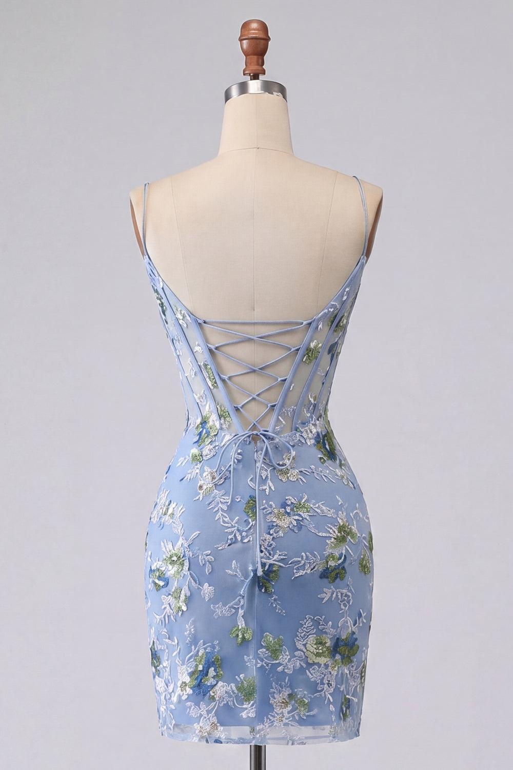 Dressystars Blue Floral Spaghetti Straps Corset Tight Short Homecoming Dress