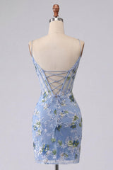 Dressystars Blue Floral Spaghetti Straps Corset Tight Short Homecoming Dress