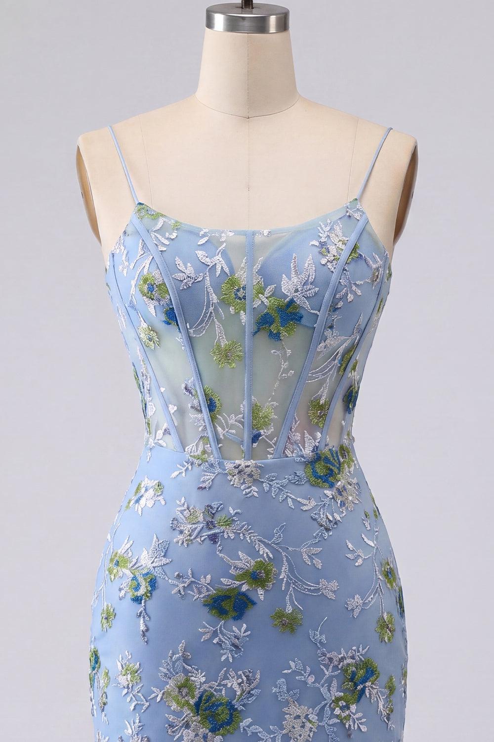 Dressystars Blue Floral Spaghetti Straps Corset Tight Short Homecoming Dress