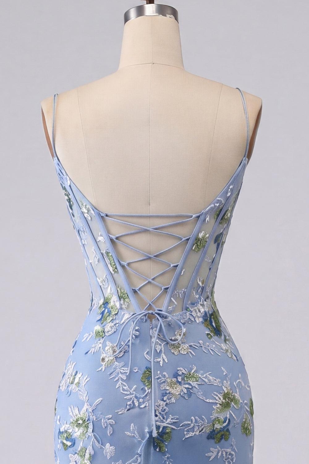 Dressystars Blue Floral Spaghetti Straps Corset Tight Short Homecoming Dress
