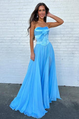 Dressystars Blue Flowing Chiffon Strapless Corset Prom Dress With Bow Bodice Formal Evening Gown
