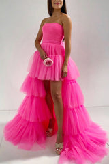 Dressystars Blue Homecoming Dress A-Line High Low Strapless Prom Dress with Ruffles