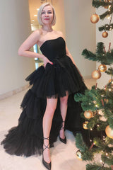 Dressystars Blue Homecoming Dress A-Line High Low Strapless Prom Dress with Ruffles