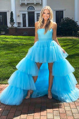 Dressystars Blue Homecoming Dress A-Line High Low Strapless Prom Dress with Ruffles