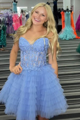 Dressystars Blue Homecoming Dress A Line Strapless Tiered Short Prom Dress With Appliques