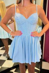 Dressystars Blue Homecoming Dress Beaded Corset A Line Short Prom Dress