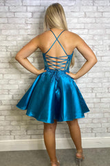 Dressystars Blue Homecoming Dress Beaded Halter Corset Prom Dress
