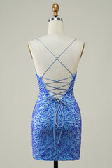 Dressystars Blue Homecoming Dress Beaded Lace-Up Back Tight Short Prom Dress