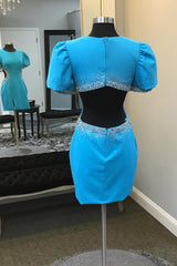 Dressystars Blue Homecoming Dress Beaded Puff Sleeves Short Prom Dress