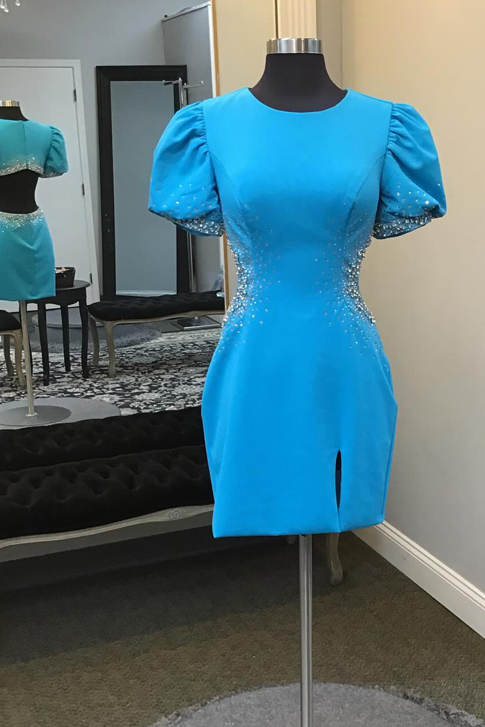 Dressystars Blue Homecoming Dress Beaded Puff Sleeves Short Prom Dress
