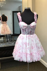 Dressystars Blue Homecoming Dress Corset A Line Floral Printed Short Prom Dress