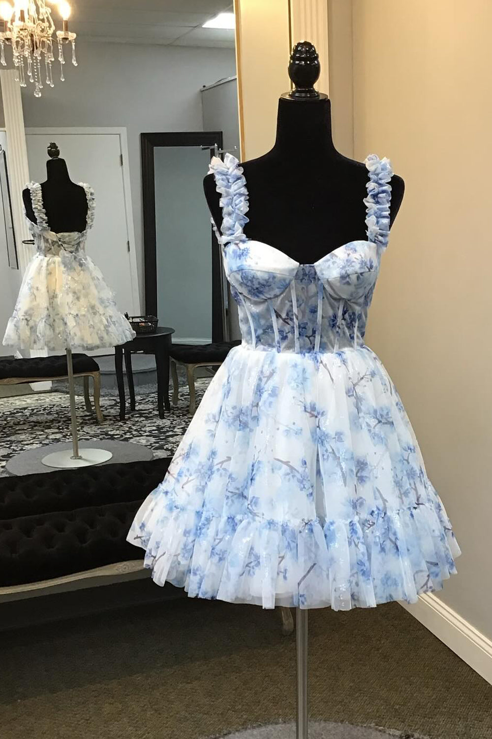 Dressystars Blue Homecoming Dress Corset A Line Floral Printed Short Prom Dress