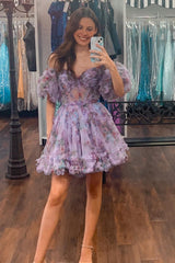 Dressystars Blue Homecoming Dress Corset Off The Shoulder Floral A-Line Short Prom Dress