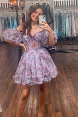 Dressystars Blue Homecoming Dress Corset Off The Shoulder Floral A-Line Short Prom Dress