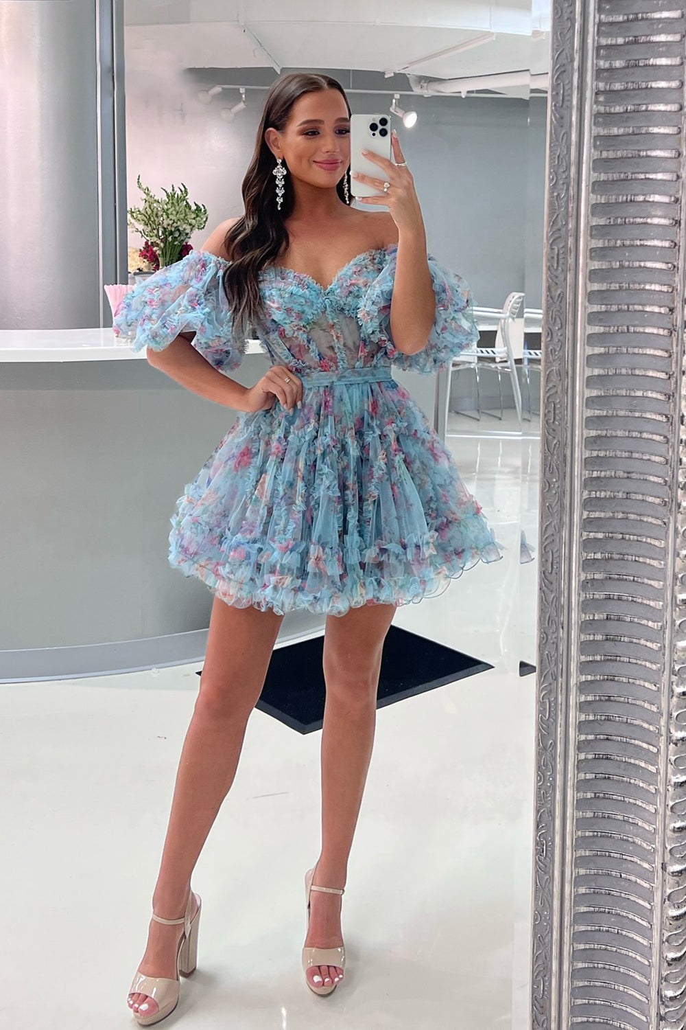Dressystars Blue Homecoming Dress Corset Off The Shoulder Floral A-Line Short Prom Dress