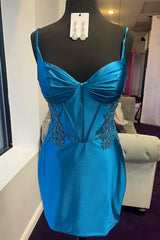 Dressystars Blue Homecoming Dress Corset Open Back Tight Short Prom Dress with Appliques