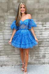 Dressystars Blue Homecoming Dress Corset Printed A-Line Short Prom Dress with Sleeves