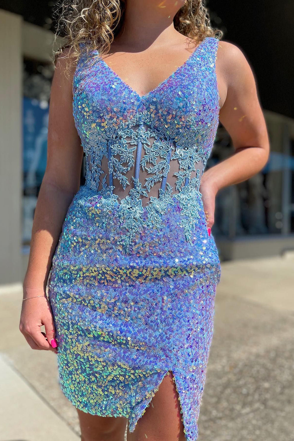 Dressystars Blue Homecoming Dress Corset Sequin Tight Short Prom Dress with Lace