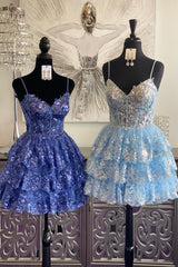 Dressystars Blue Homecoming Dress Corset Spaghetti Straps A Line Lace Short Prom Dress