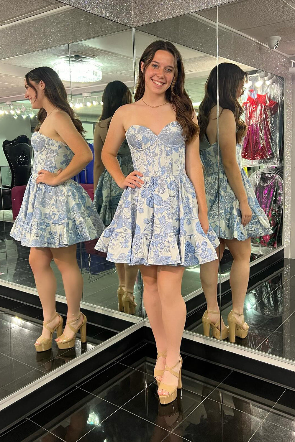 Dressystars Blue Homecoming Dress Corset Sweetheart Floral A Line Short Prom Dress