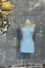 Dressystars Blue Homecoming Dress Corset Top Beaded Tight Short Prom Dress