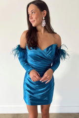 Dressystars Blue Homecoming Dress Detachable Long Sleeves Tight Short Prom Dress