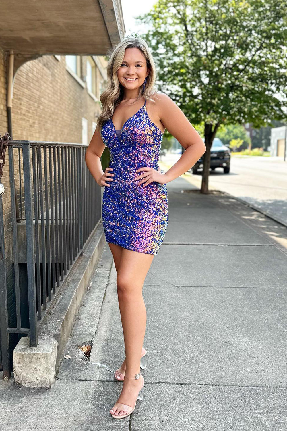 Dressystars Blue Homecoming Dress Detachable Train Sequin Tight Short Prom Dress