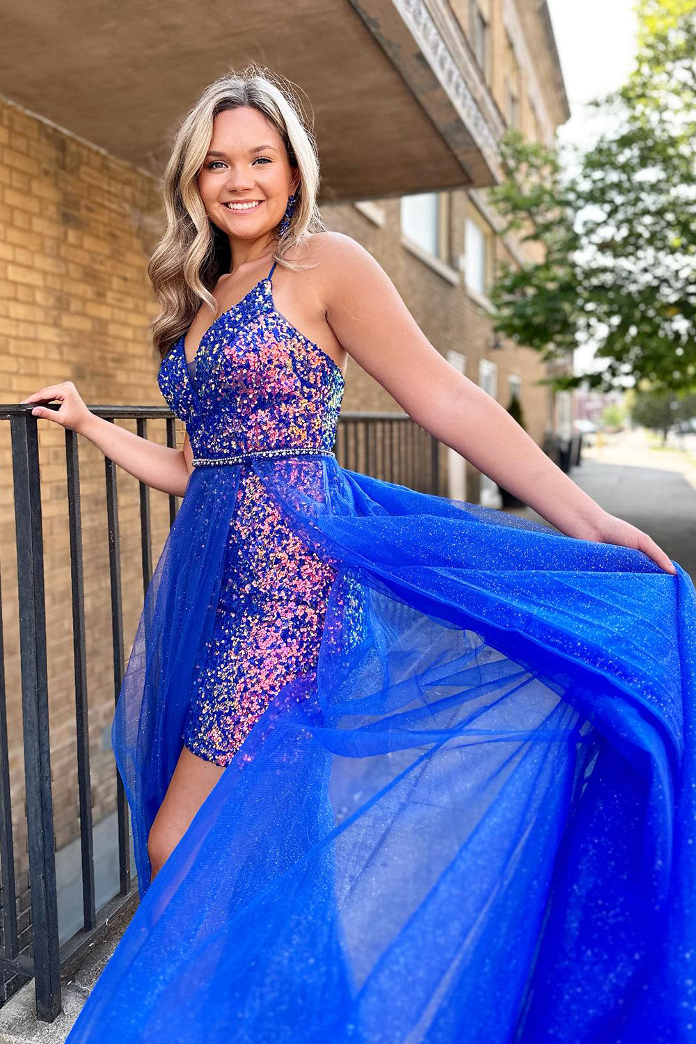 Dressystars Blue Homecoming Dress Detachable Train Sequin Tight Short Prom Dress